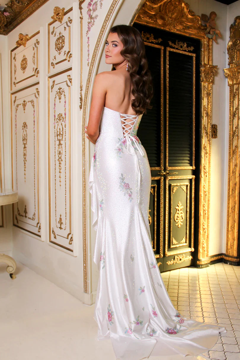 Opulent White Strapless Sequin Floral Hi-Lo Mermaid Formal Gown
