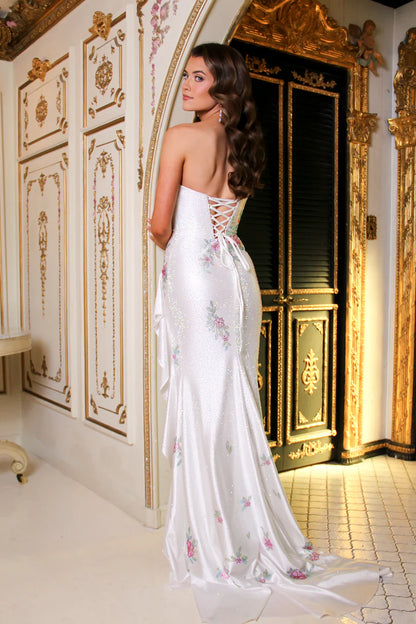 Opulent White Strapless Sequin Floral Hi-Lo Mermaid Formal Gown