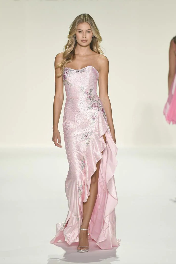 Opulent White Strapless Sequin Floral Hi-Lo Mermaid Formal Gown