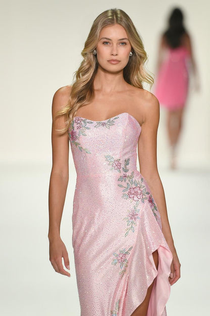 Opulent White Strapless Sequin Floral Hi-Lo Mermaid Formal Gown