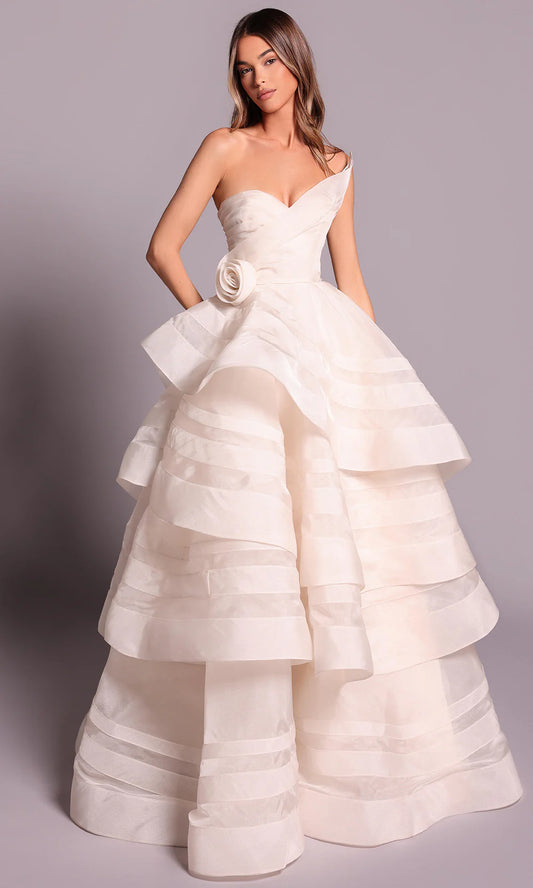 Regal Ivory Asymmetric Strapless Tiered Ball Gown with 3D Rose