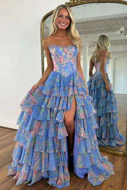 Romantic Yellow Floral Strapless Tiered Ruffle Formal Gown