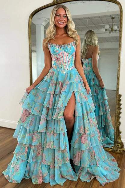 Romantic Yellow Floral Strapless Tiered Ruffle Formal Gown