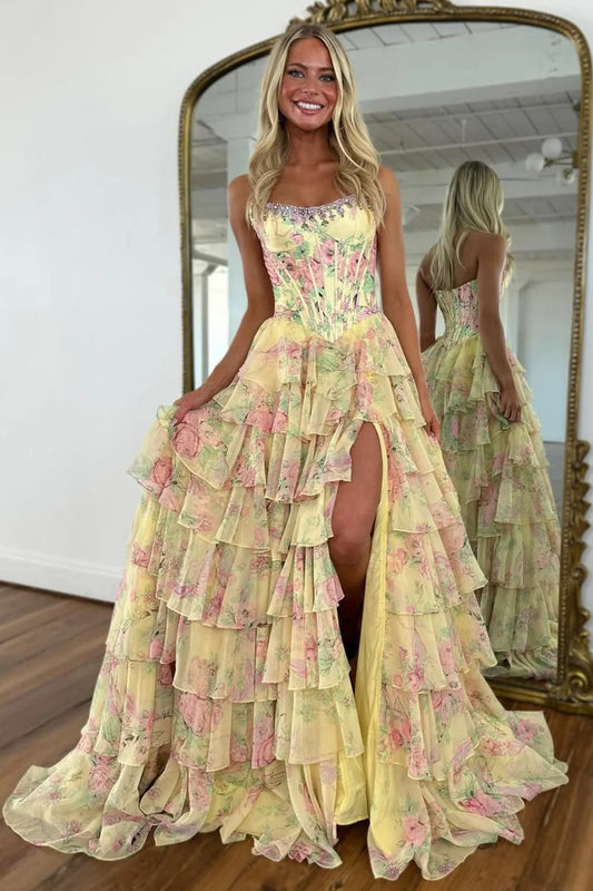 Romantic Yellow Floral Strapless Tiered Ruffle Formal Gown
