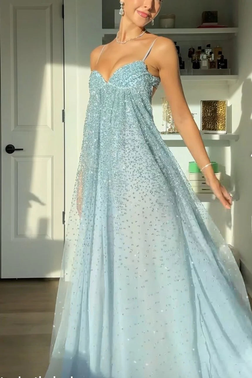 Enchanting Dusty Blue Spaghetti-Strap Sequin A-Line Formal Gown