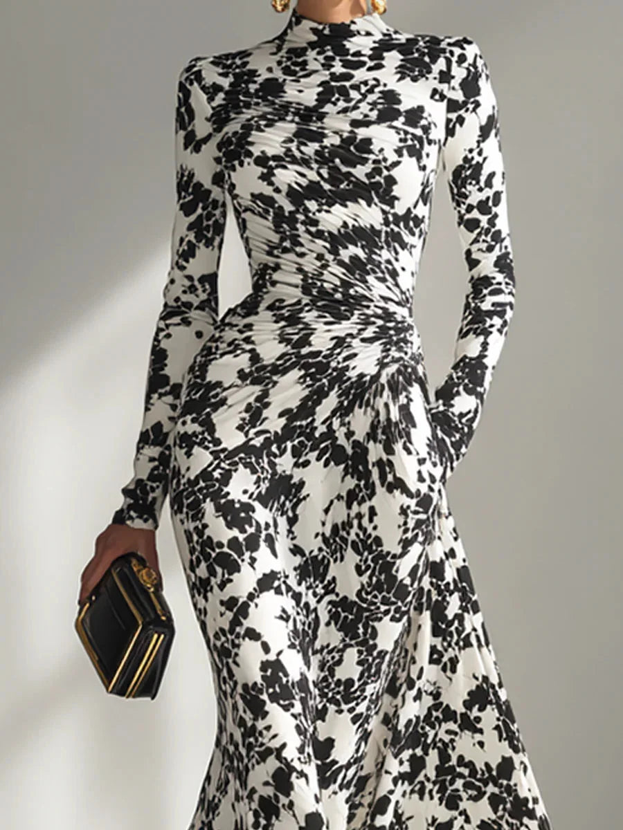 Modern Monochrome Abstract-Print High-Neck Maxi Gown