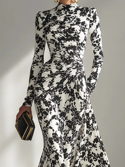 Modern Monochrome Abstract-Print High-Neck Maxi Gown