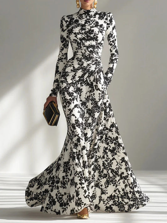 Modern Monochrome Abstract-Print High-Neck Maxi Gown