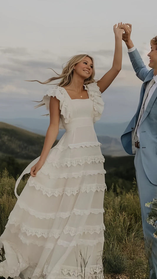 Bohemian White Ruffled Lace Tiered Prom Dress