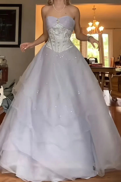 Enchanting Ice Blue Strapless Lace Ball Gown