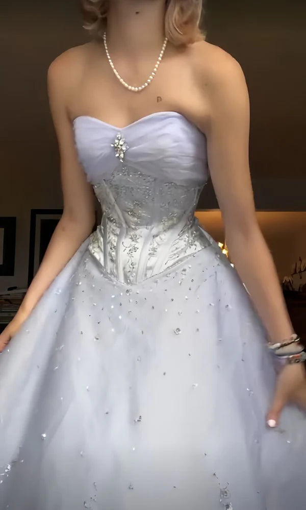 Enchanting Ice Blue Strapless Lace Ball Gown
