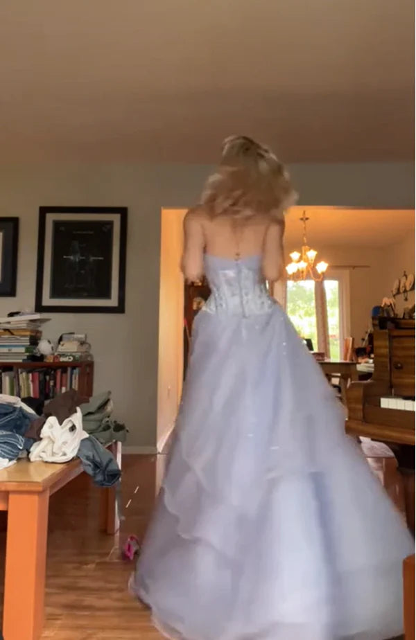 Enchanting Ice Blue Strapless Lace Ball Gown