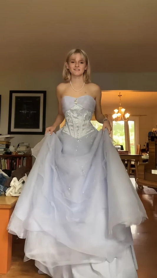 Enchanting Ice Blue Strapless Lace Ball Gown