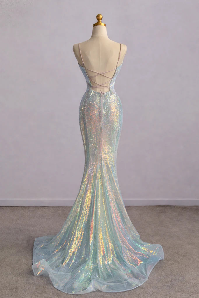 Sparkly Spaghetti Straps Mermaid V-neck Long Prom Dresses