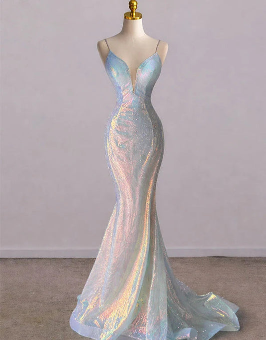 Sparkly Spaghetti Straps Mermaid V-neck Long Prom Dresses