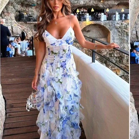 White Sundress with High Slit and Sweetheart Neckline for Resort Wear