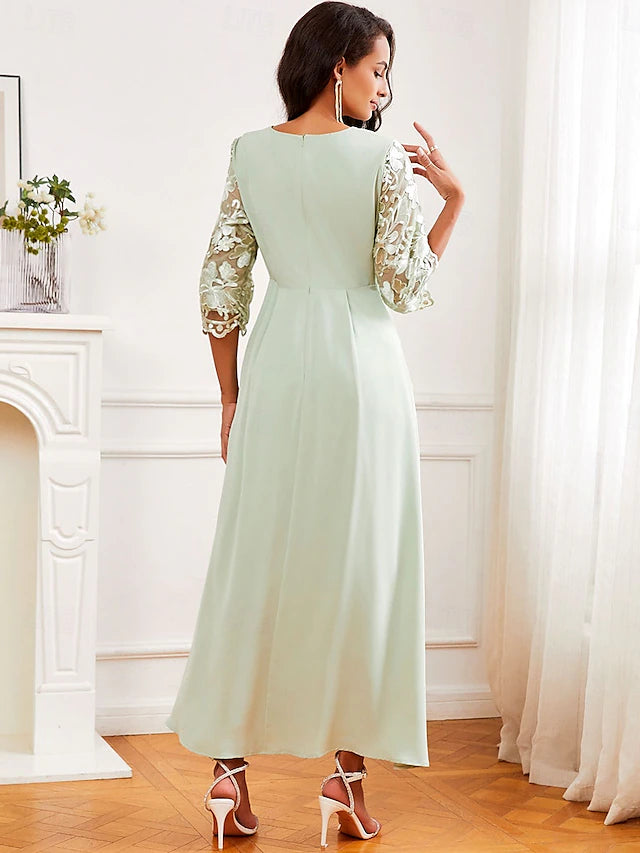 Wedding Guest Cocktail Dress Maxi Dress Contrast Lace Party Elegant Formal V Neck Light Green Color