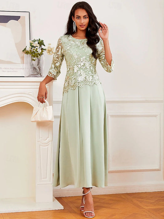 Wedding Guest Cocktail Dress Maxi Dress Contrast Lace Party Elegant Formal V Neck Light Green Color