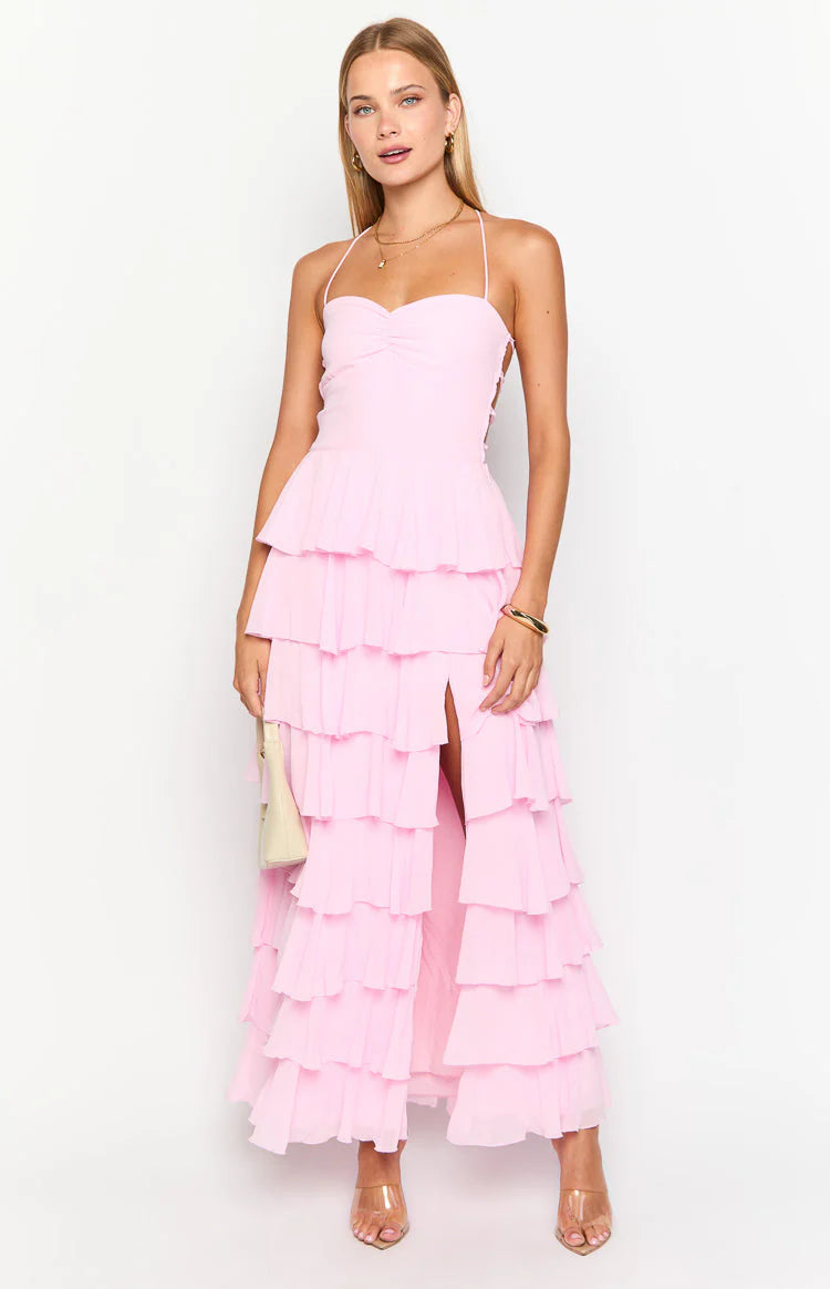Multi-Color Spaghetti Strap Crisscross Lace-Up Back Tiered Chiffon Maxi Dress