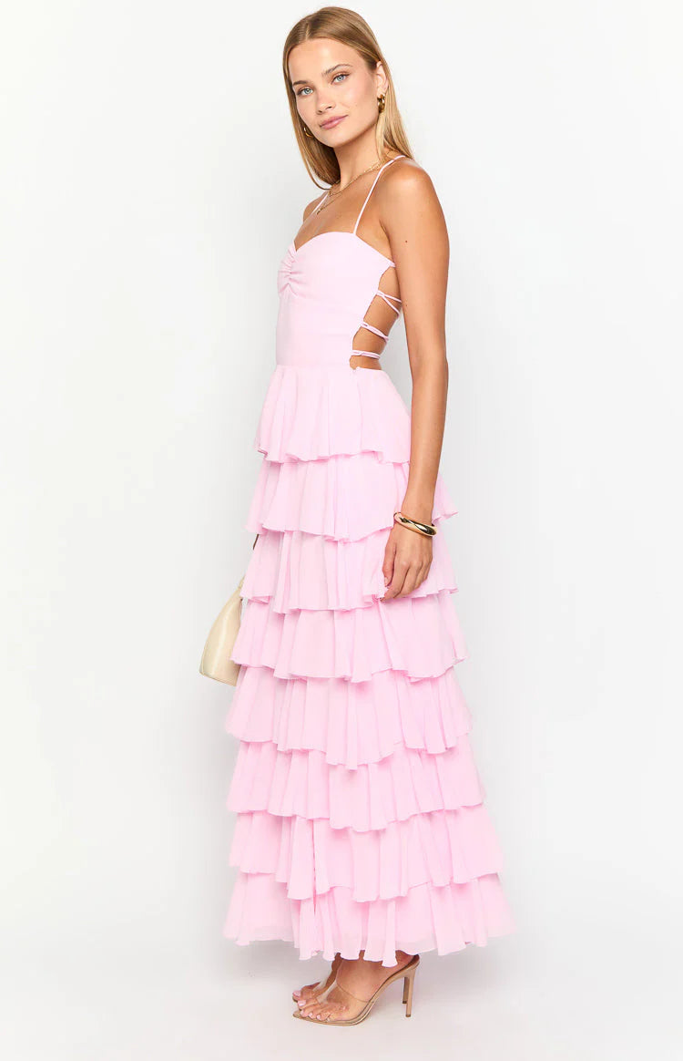 Multi-Color Spaghetti Strap Crisscross Lace-Up Back Tiered Chiffon Maxi Dress