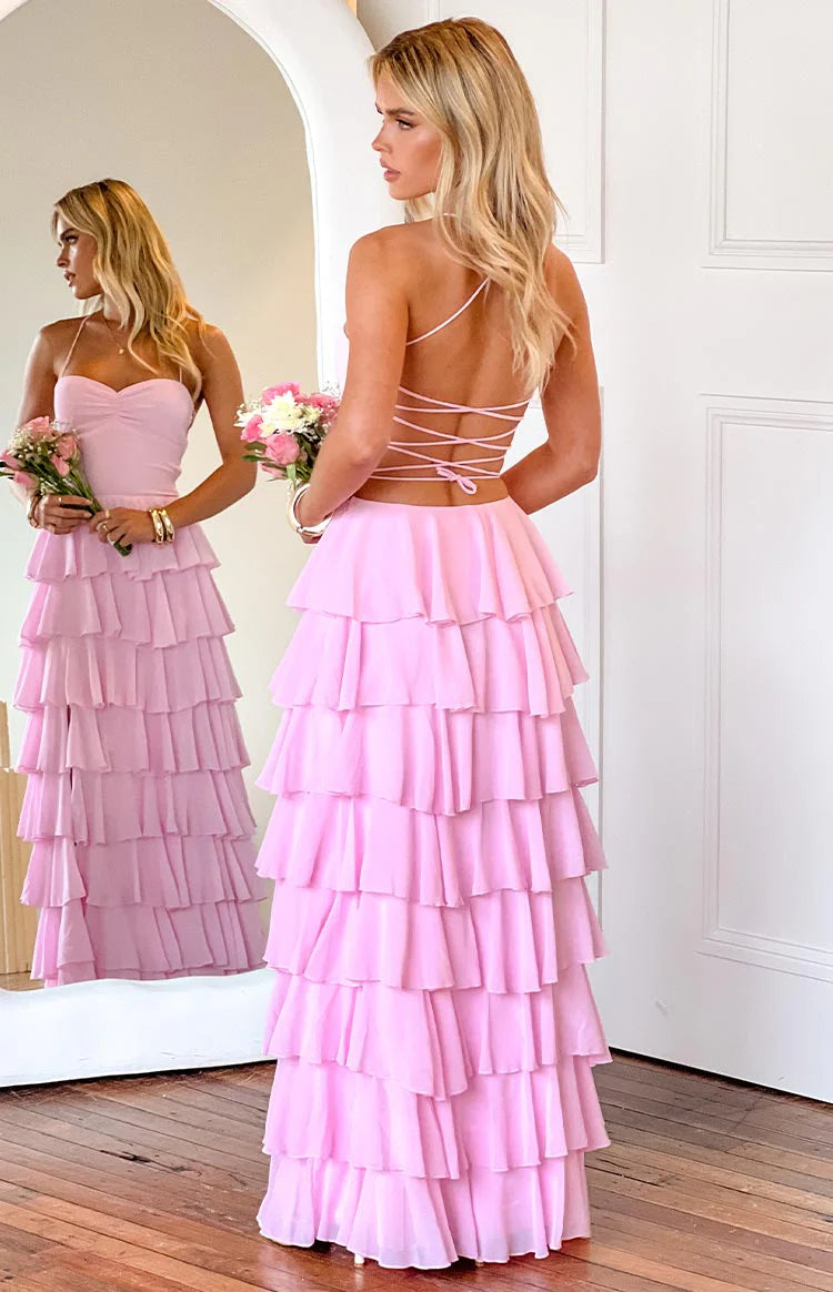 Multi-Color Spaghetti Strap Crisscross Lace-Up Back Tiered Chiffon Maxi Dress