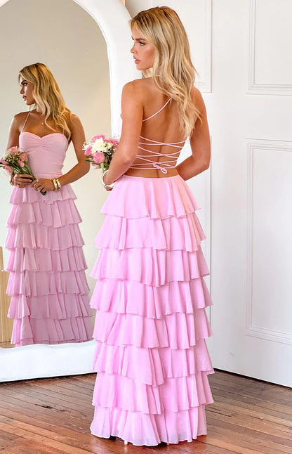 Multi-Color Spaghetti Strap Crisscross Lace-Up Back Tiered Chiffon Maxi Dress