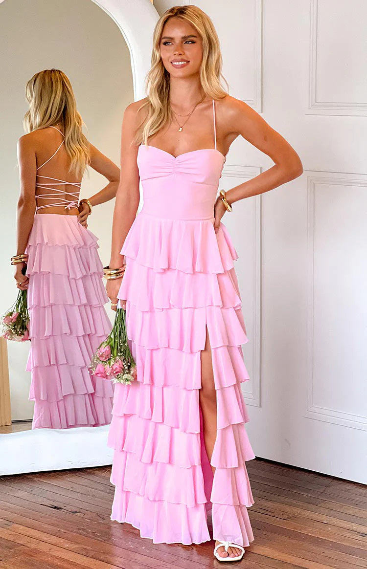 Multi-Color Spaghetti Strap Crisscross Lace-Up Back Tiered Chiffon Maxi Dress