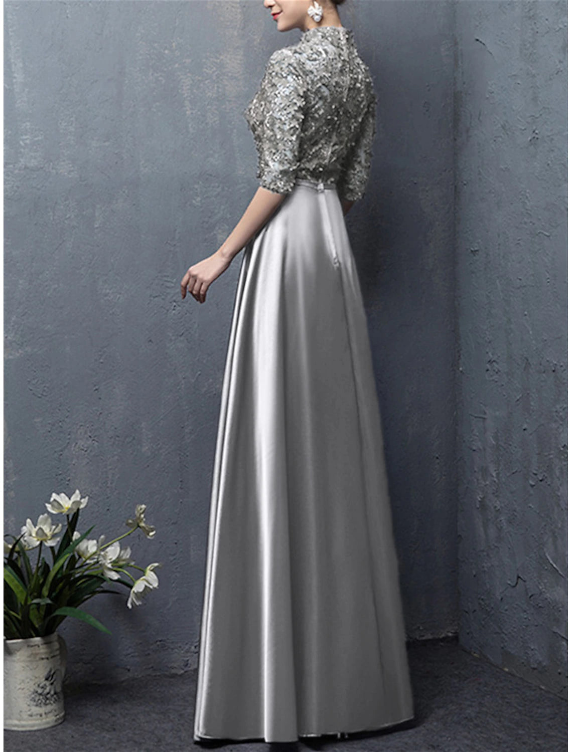 A-Line Mother of the Bride Dress High Neck Floor Length Satin Half Sleeve with Bow(s) Appliques