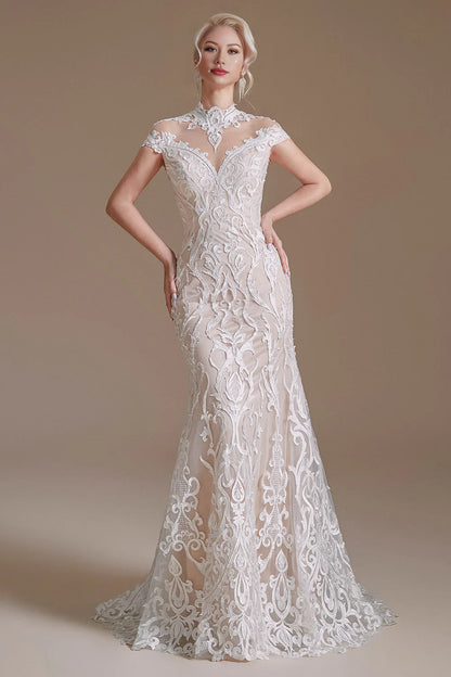 Mermaid White Lace See-Through Open Back Wedding Dress