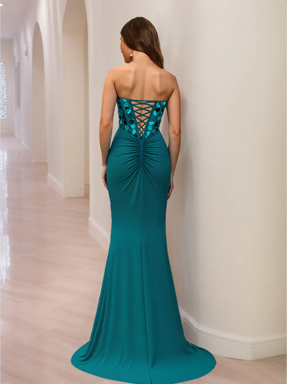Mermaid Sweetheart Beading Sequins Long Prom Dresses with Split Side