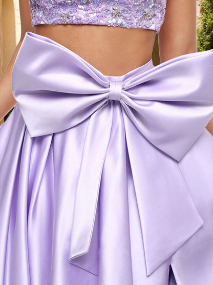 A-Line Sweetheart Beaded Two Piece Prom Dresses with Bow & Slit