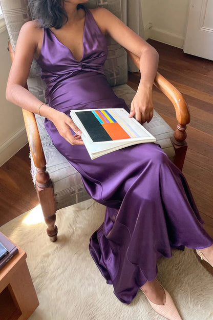 Purple Trendy Sheath Halter Neck Purple Long Party Dress with Open Back Bowknot