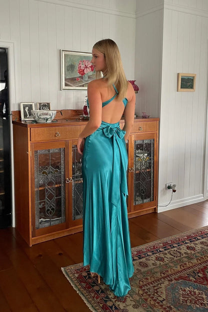 Green Trendy Sheath Halter Neck Purple Long Party Dress with Open Back Bowknot