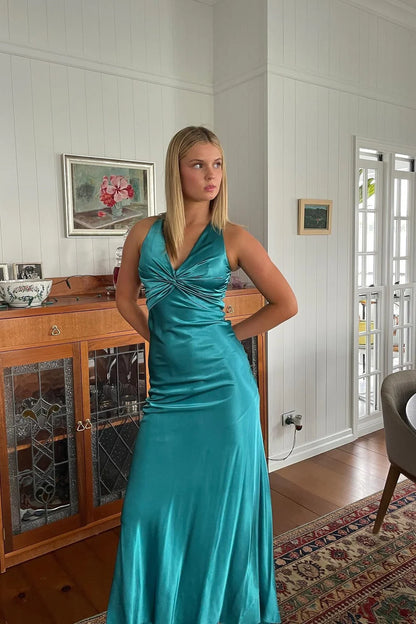 Green Trendy Sheath Halter Neck Purple Long Party Dress with Open Back Bowknot