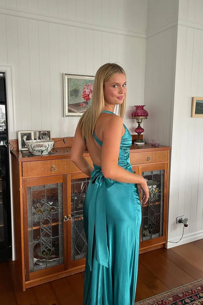 Green Trendy Sheath Halter Neck Purple Long Party Dress with Open Back Bowknot