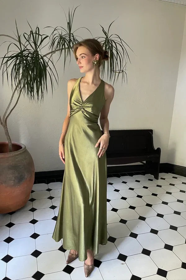 Olive Green Trendy Sheath Halter Neck Purple Long Party Dress with Open Back Bowknot