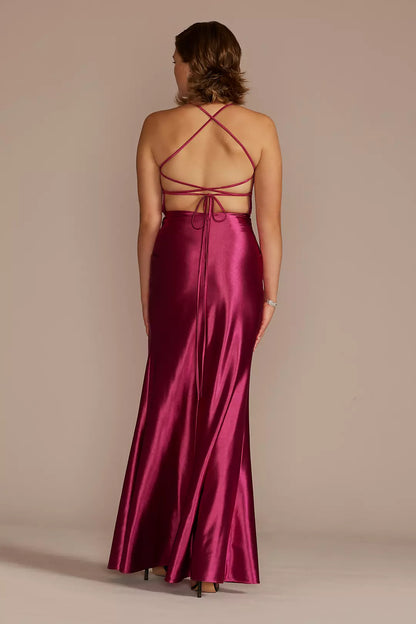 collar sleeveless backless side slit and floor Prom dress