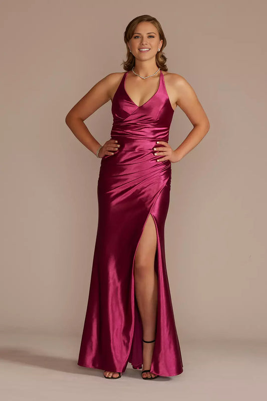 collar sleeveless backless side slit and floor Prom dress