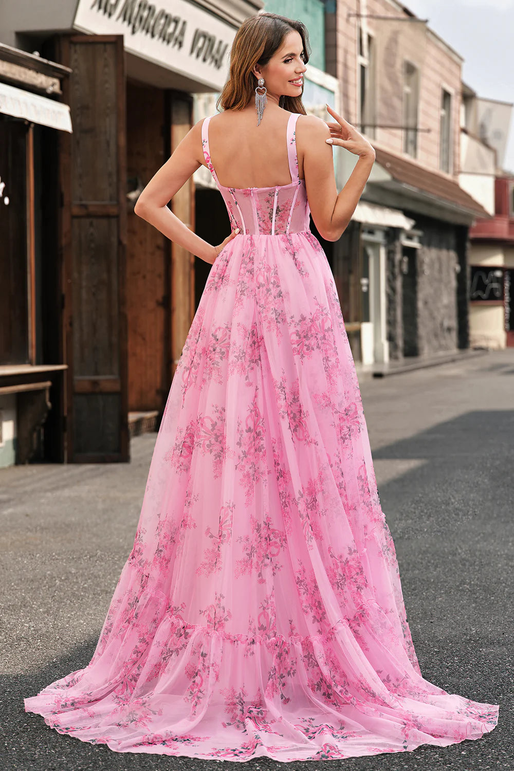 Blush Floral A Line Spaghetti Straps Corset Pleated Prom Dress