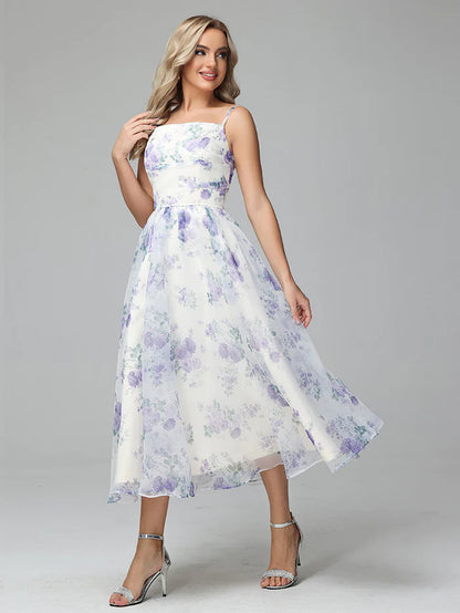 Spaghetti Straps Floral Print Tea Length Prom Dresses