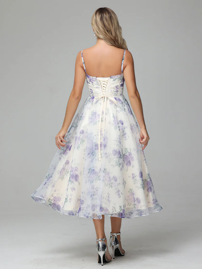 Spaghetti Straps Floral Print Tea Length Prom Dresses