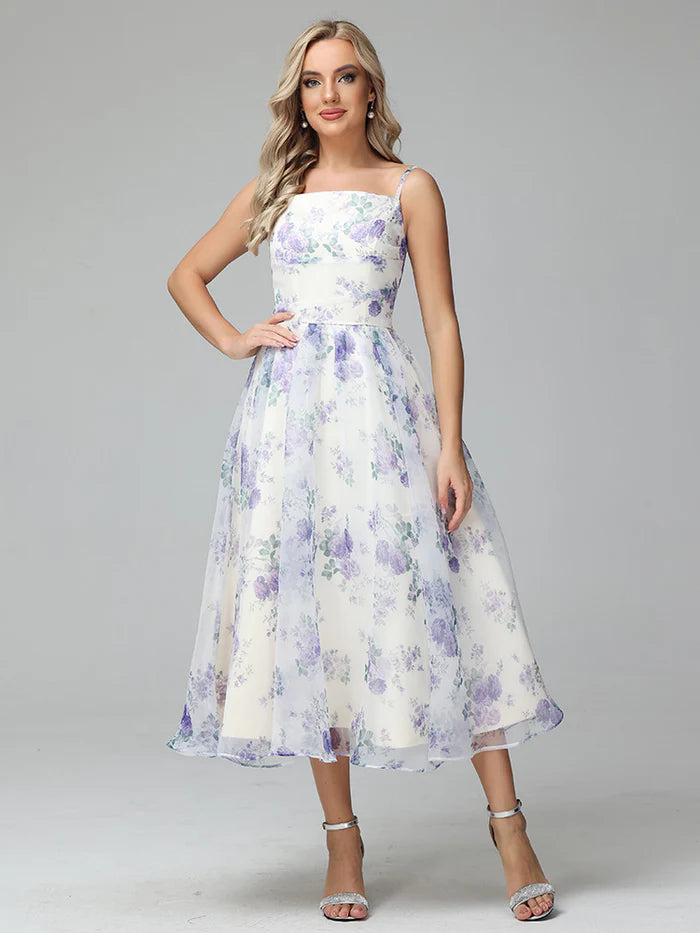 Spaghetti Straps Floral Print Tea Length Prom Dresses