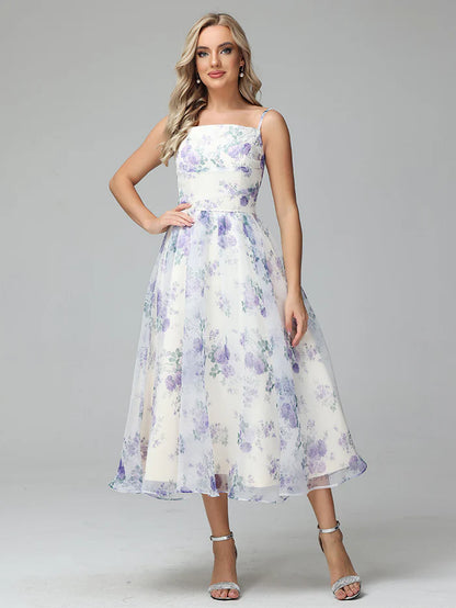 Spaghetti Straps Floral Print Tea Length Prom Dresses