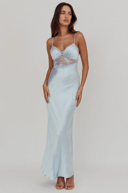 Lace Trim Maxi Dress Steel Blue