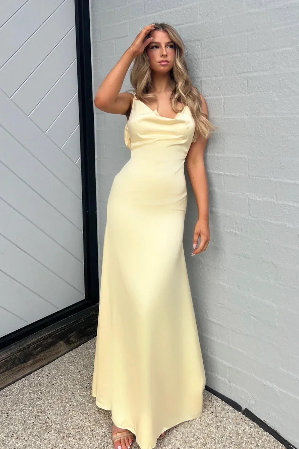 Charming Sheath Spaghetti Straps Yellow Long Party Dress with Pearl