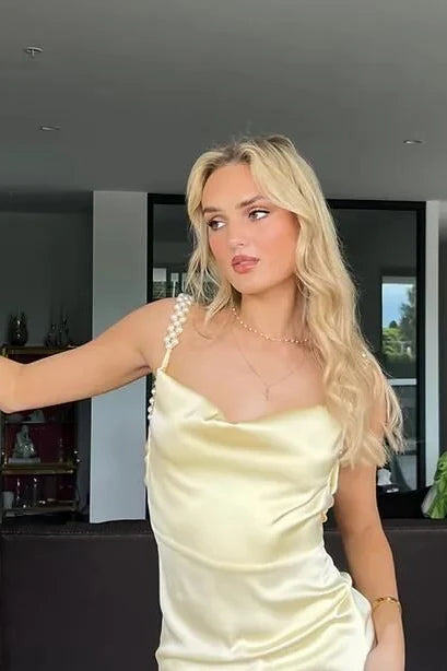 Charming Sheath Spaghetti Straps Yellow Long Party Dress with Pearl