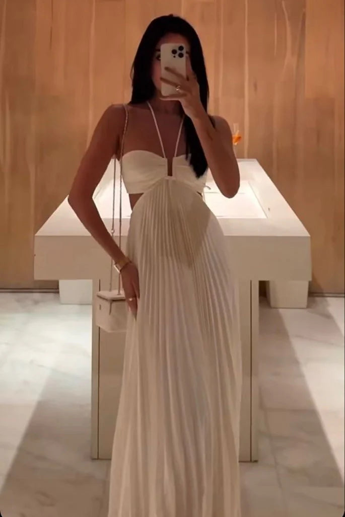 Hot A Line Halter Neck White Long Prom Dress with Backless