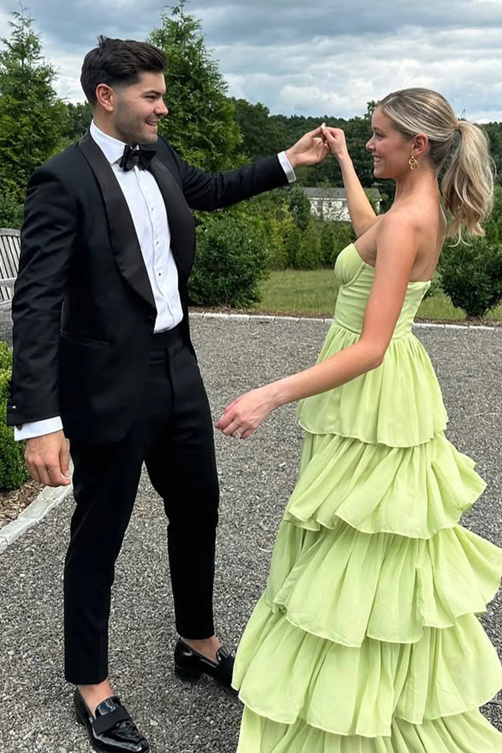 A Line Sweetheart Green Long Party Dress with Ruffles