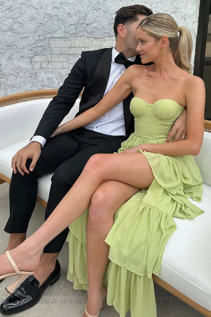 A Line Sweetheart Green Long Party Dress with Ruffles
