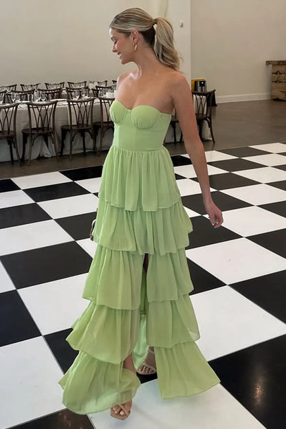 A Line Sweetheart Green Long Party Dress with Ruffles